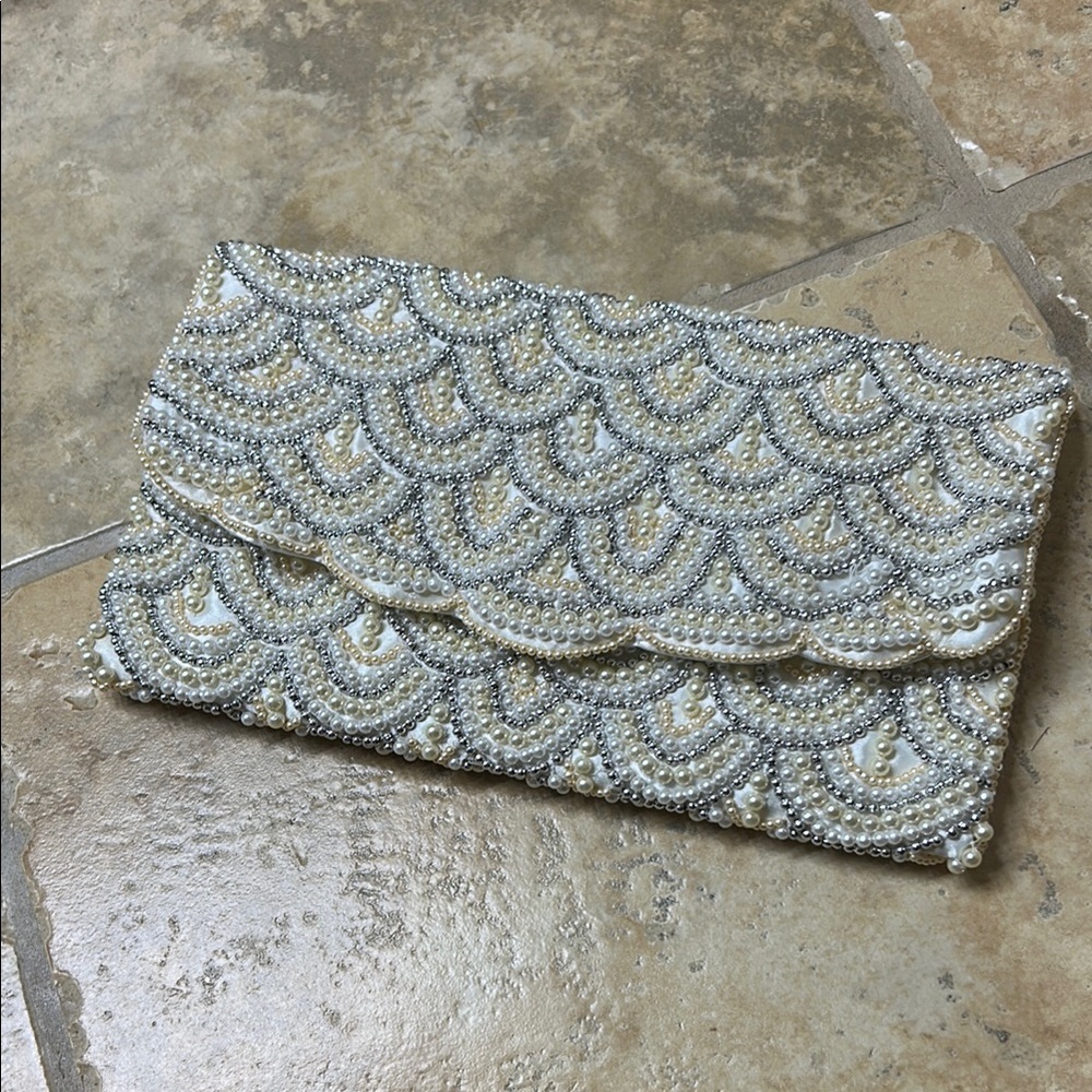 Elegant Silver and Cream Beaded Clutch - perfect for wedding or formal